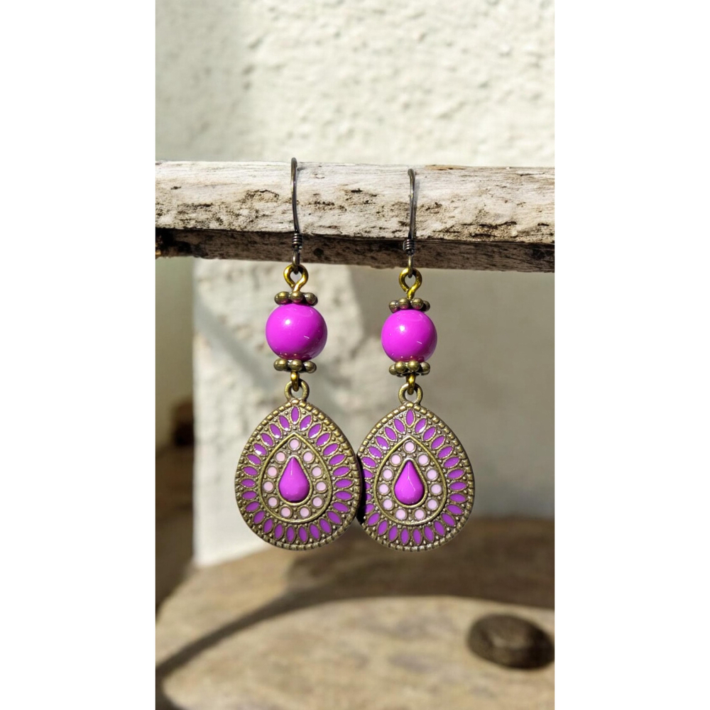 Boho Purple and Lavender Teardrop Dangle Earrings Antiqued Bronze